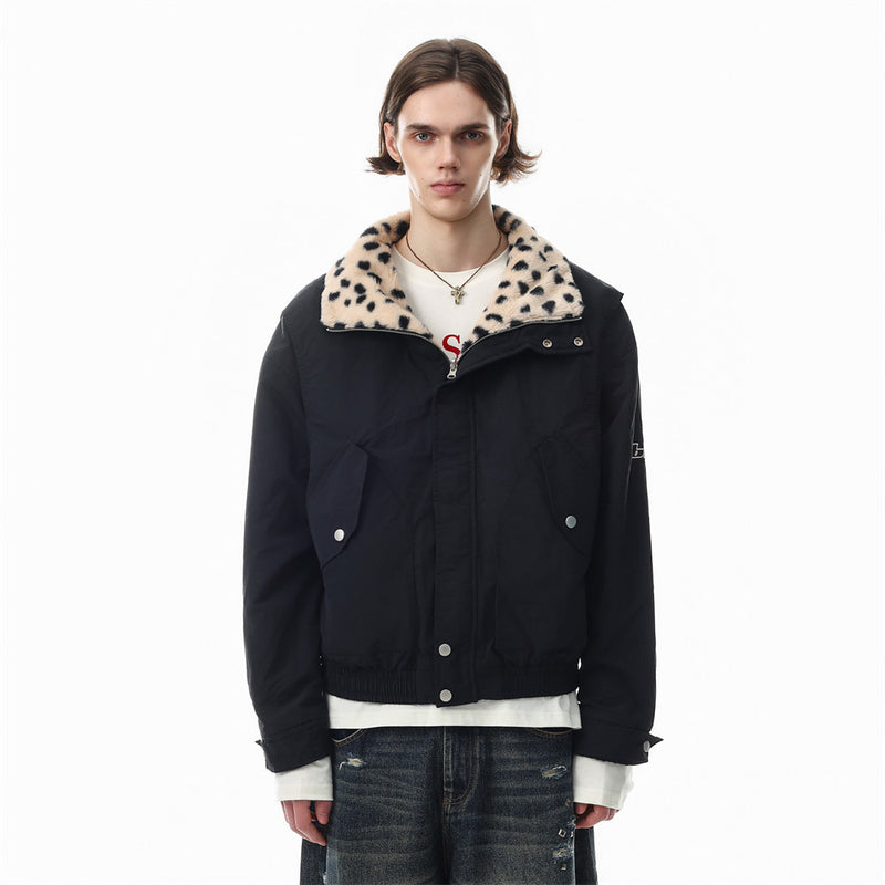Reversible Stand-Collar Jacket Men's Dalmatian Faux Fur & Nylon Oversized Bomber