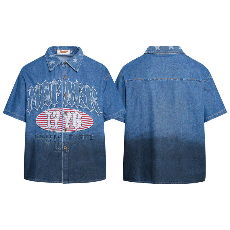 Denim Short-Sleeve Shirt – Punk Varsity Graphic Embroidery, Gradient Wash