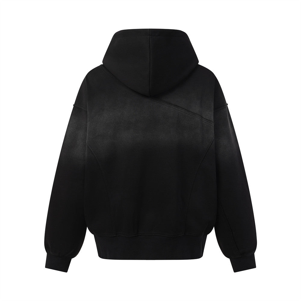 Sweat à capuche oversize zippé – Finition délavée usée, poches à multiples zips et bords bruts