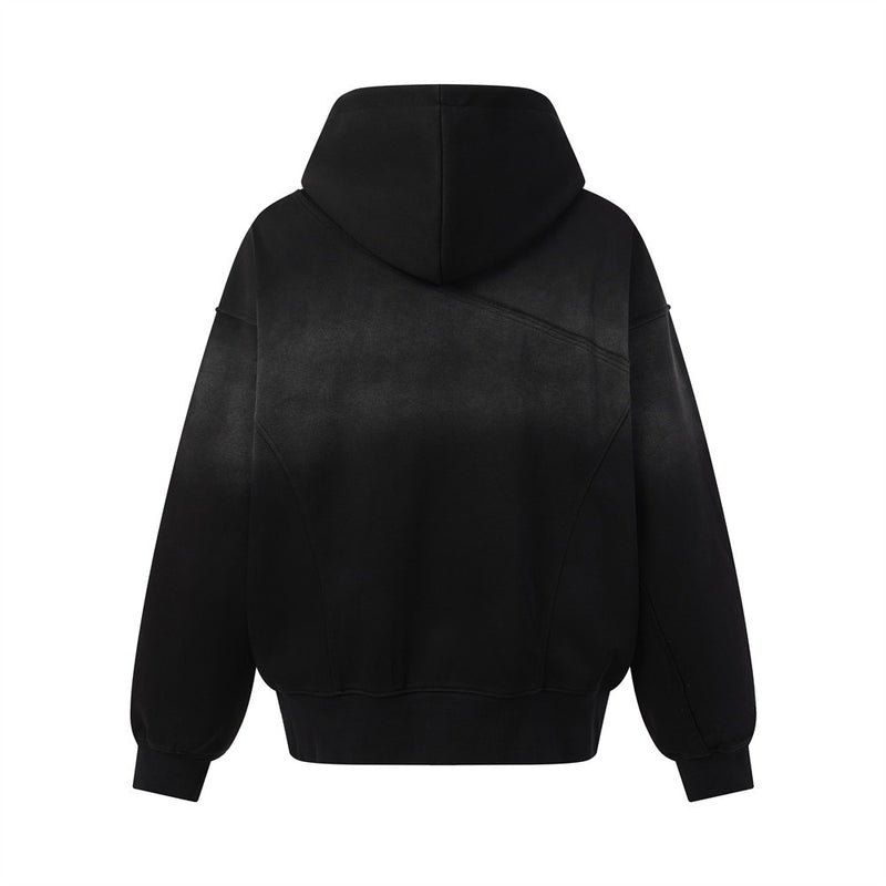 Sweat à capuche oversize zippé – Finition délavée usée, poches à multiples zips et bords bruts