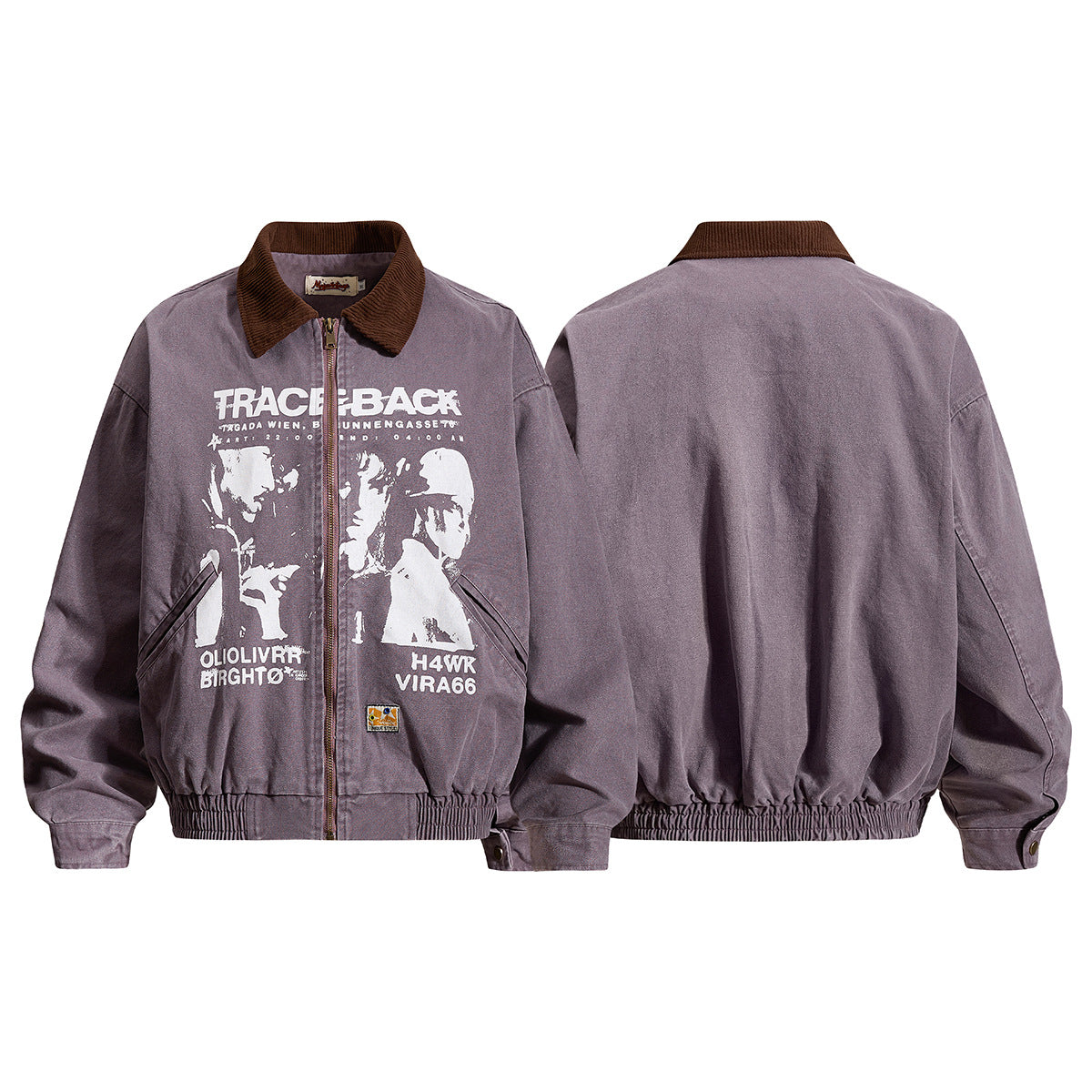 Traceback Graphic Washed Canvas Bomber Jacket with Corduroy Collar