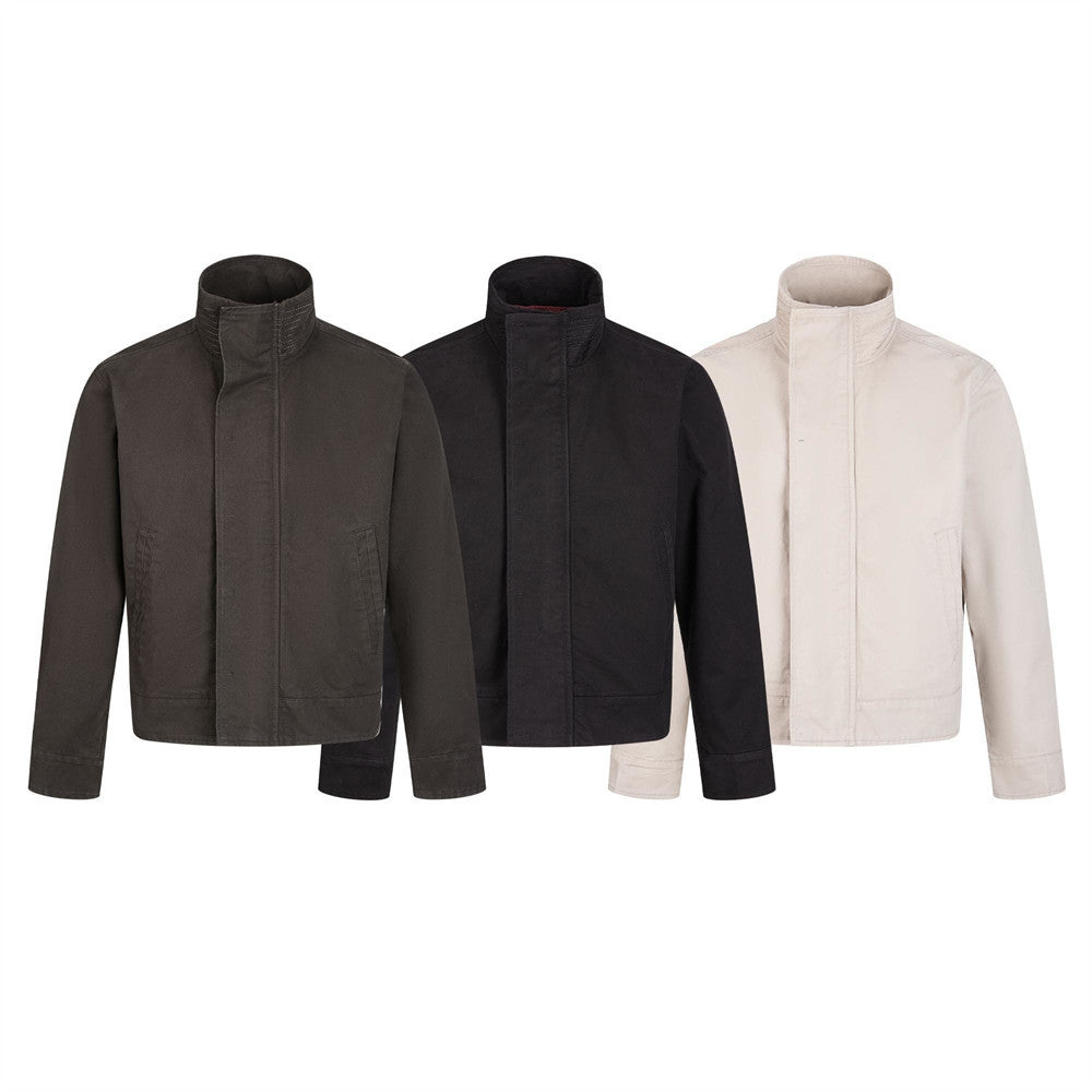 Men's Funnel-Neck Cropped Jacket – Solid Color Streetwear Harrington