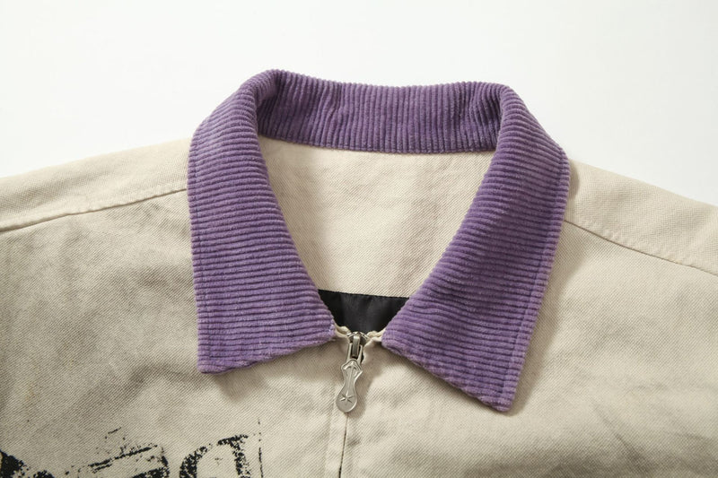 Veste zippée à imprimé graphique – Coton délavé effet usé, col violet et badge