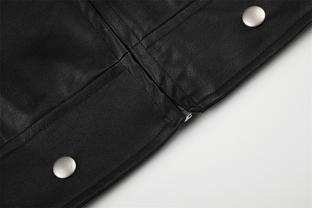Men's Moto Leather Jacket – Double-Breasted Studded Stand Collar with Zip Cuffs