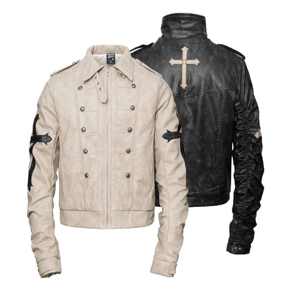 Gothic cross embroidered padded PU leather moto jacket with double-breasted buttons and stand collar, shown in grey-beige and