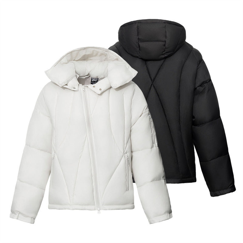 Puffer Jacket with Hoodie – Diagonal Zip Men's Winter Down Coat