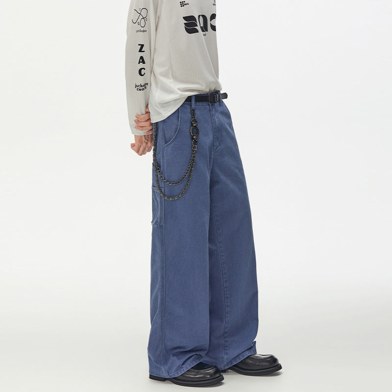 Weite Workwear-Hose mit Metallketten-Detail – Vintage-Blau