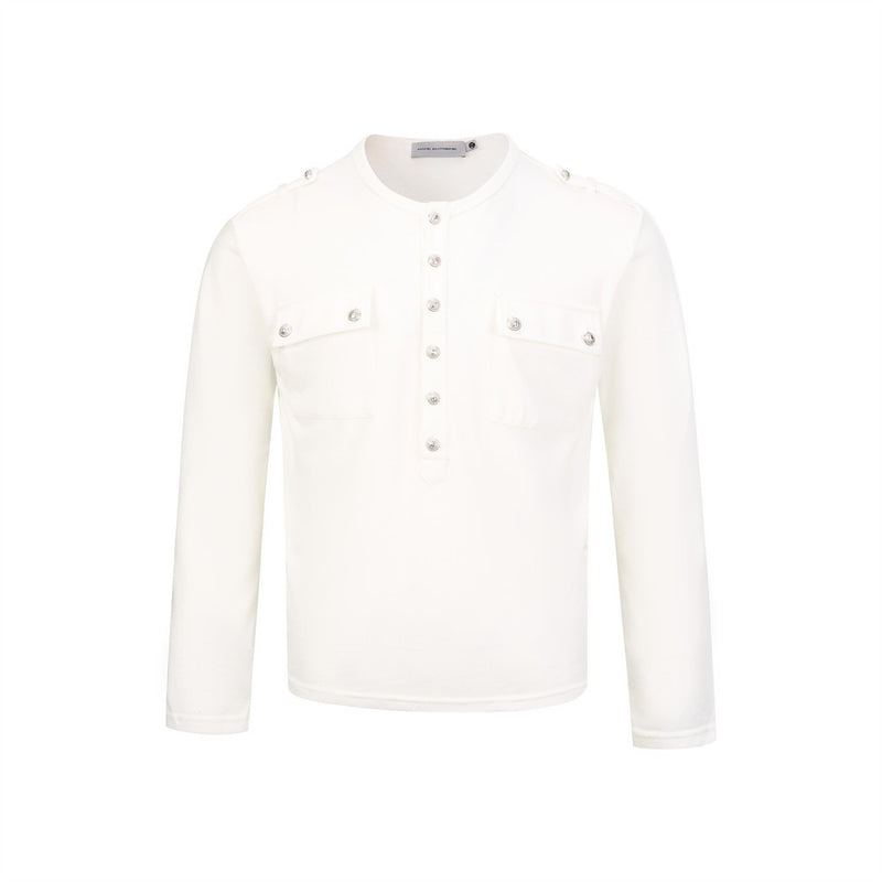 Men's long-sleeve henley shirt in white with silver metal snap buttons, dual buttoned chest pockets, and shoulder epaulette d