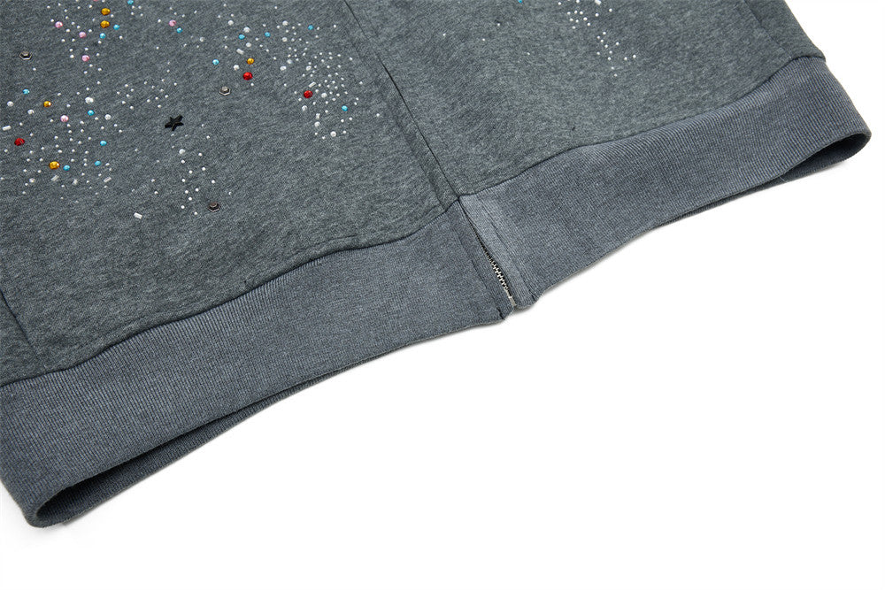 Herren-Zip-Hoodie aus Oversized-Fleece mit Strasssteinen und Galaxie-Sternen