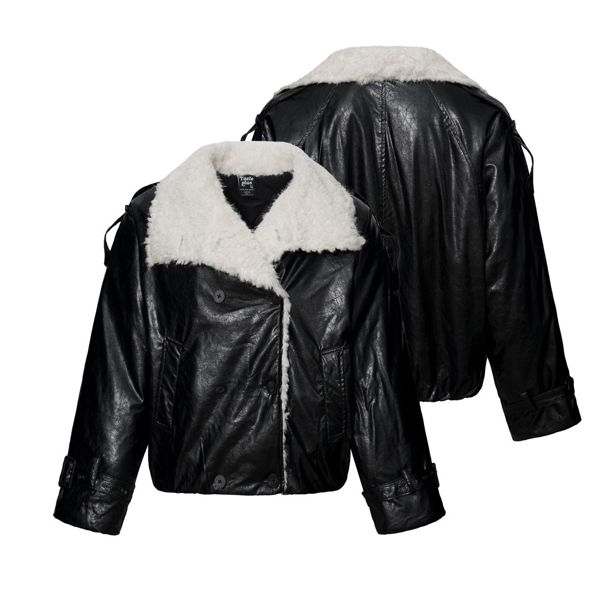 Sherpa Lined Leather Jacket – Black Faux Leather Cropped Bomber with Fleece