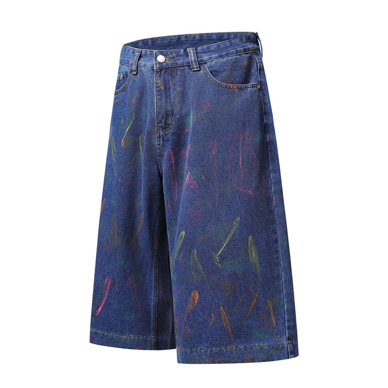 Hand-Painted Graffiti Denim Shorts – Wide-Leg Washed Jean Shorts
