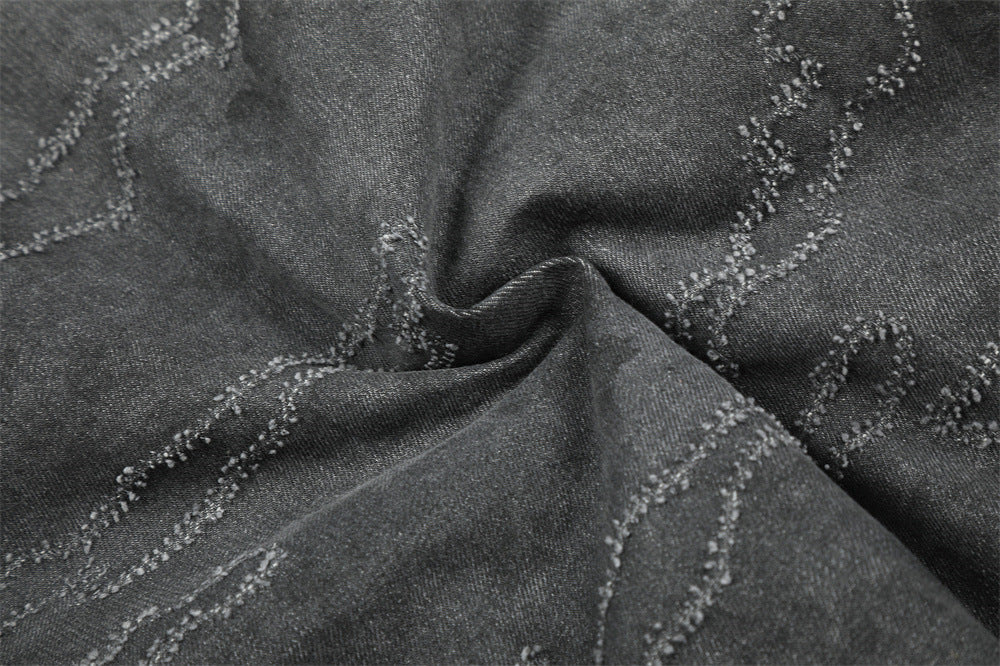Gewaschene Denim-Pufferjacke mit Kapuze und Kunstfellbesatz – Used-Camo-Stitching