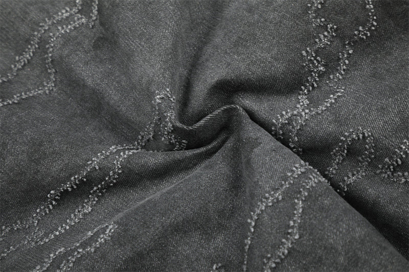 Gewaschene Denim-Pufferjacke mit Kapuze und Kunstfellbesatz – Used-Camo-Stitching