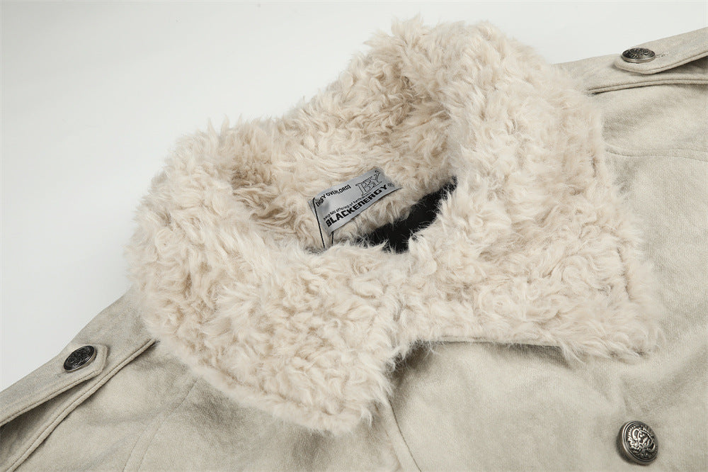 Men's Double-Breasted Sherpa-Collar Belted Jacket with Epaulettes