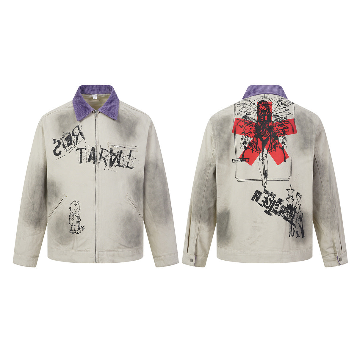 Veste zippée à imprimé graphique avec col en velours côtelé – Streetwear vintage délavé