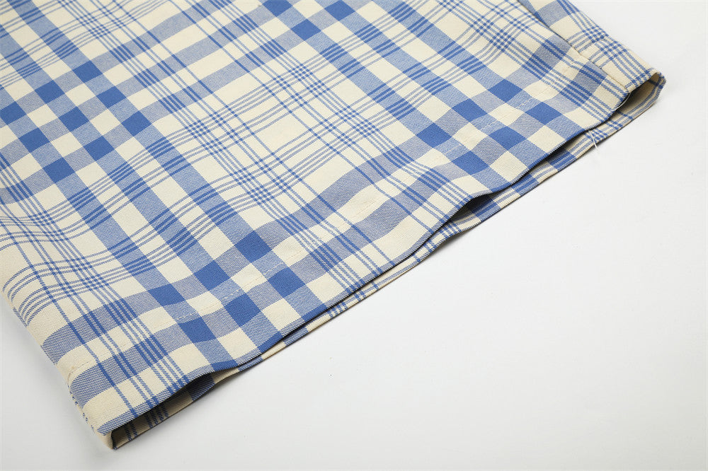 Wide-Leg Pleated Trousers in Blue Plaid Check