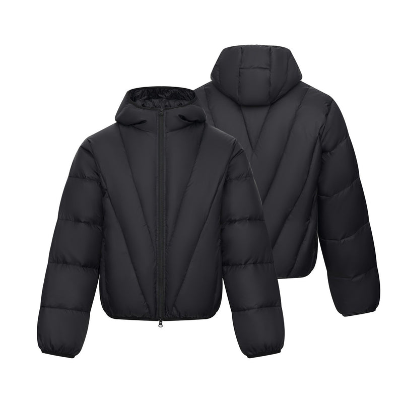 Hooded Puffer Down Jacket with Diagonal Quilting — Oversized Fit