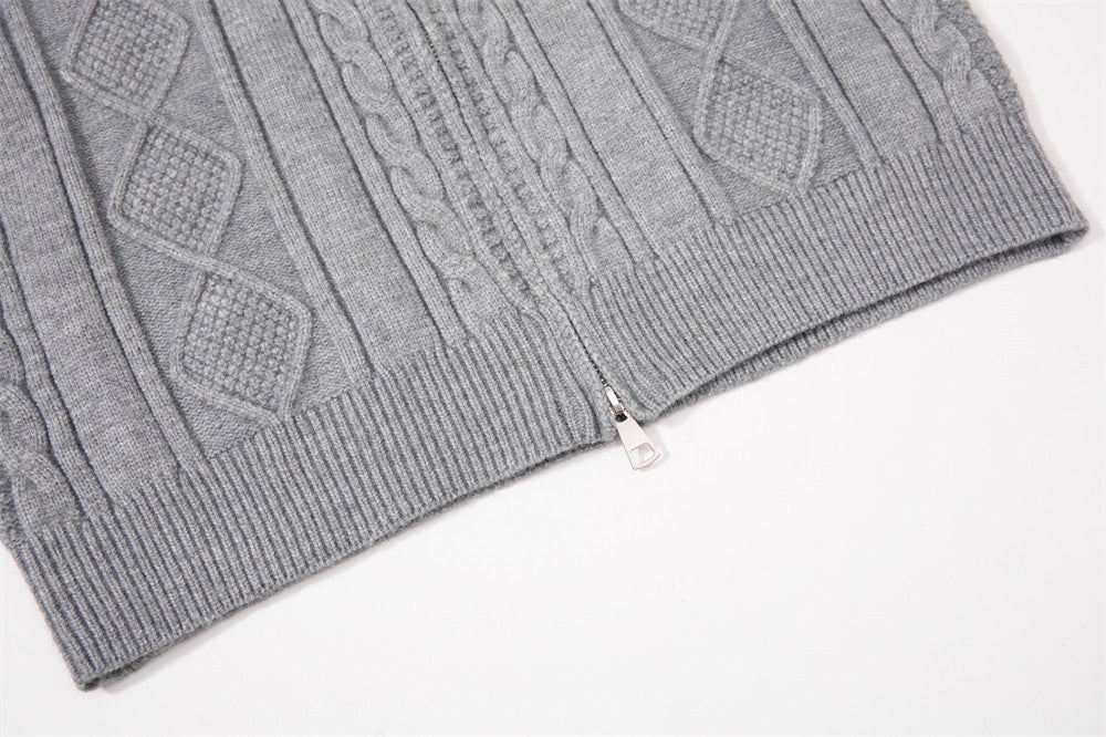 Sweat à capuche zippé en maille torsadée à motif losanges et capuche à cordon