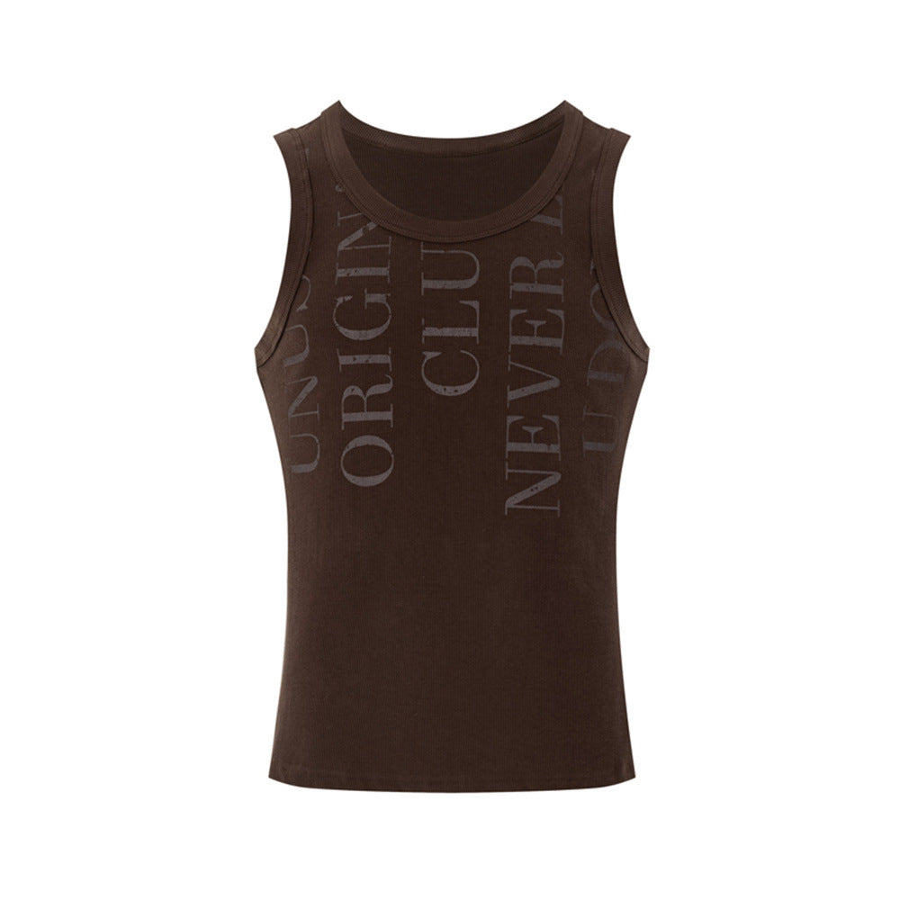 Débardeur homme coupe slim à col rond, sans manches, avec imprimé typographique effet usé noir et marron foncé