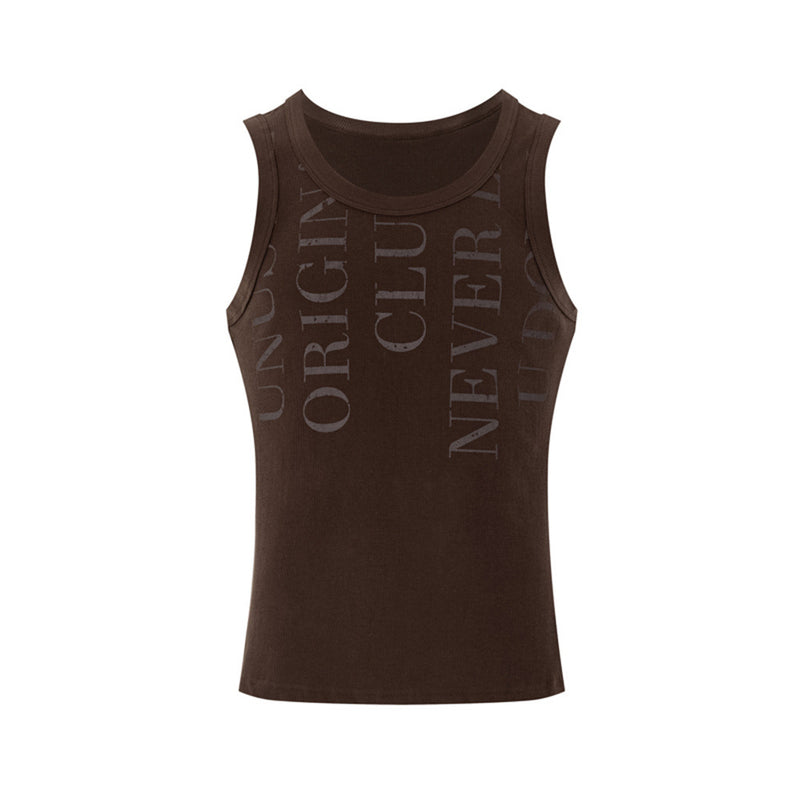 Débardeur homme coupe slim à col rond, sans manches, avec imprimé typographique effet usé noir et marron foncé