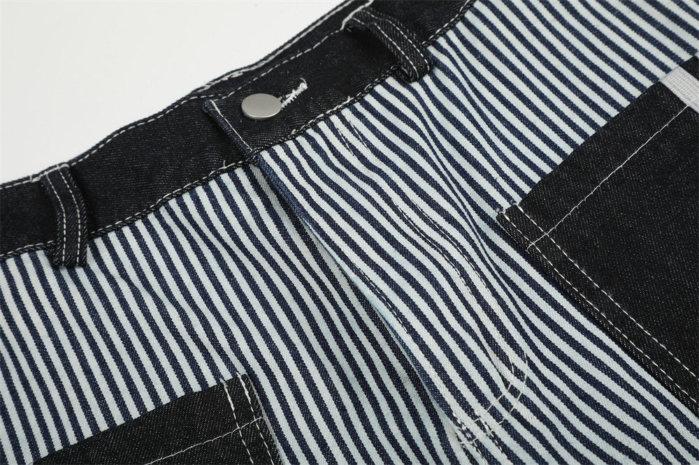 Striped Wide-Leg Barrel Jeans with Contrast Denim Pockets