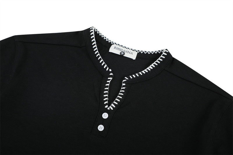 Men's Henley V-Neck Short Sleeve T-Shirt with Contrast Stitch Detail