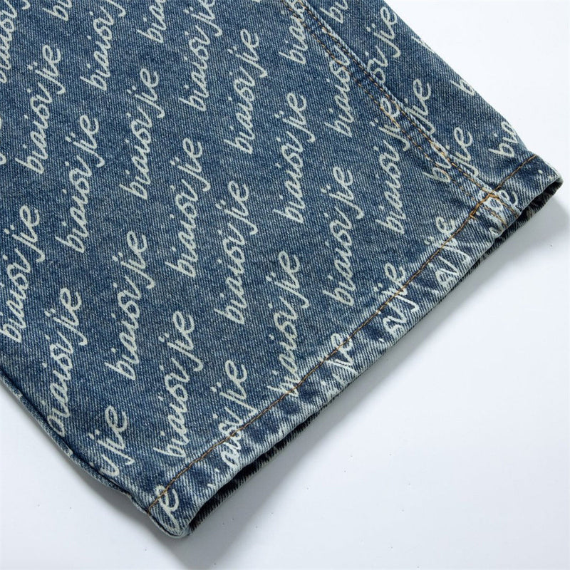 Men's Wide-Leg Jeans – Allover Script Letter Print, Loose Straight Fit