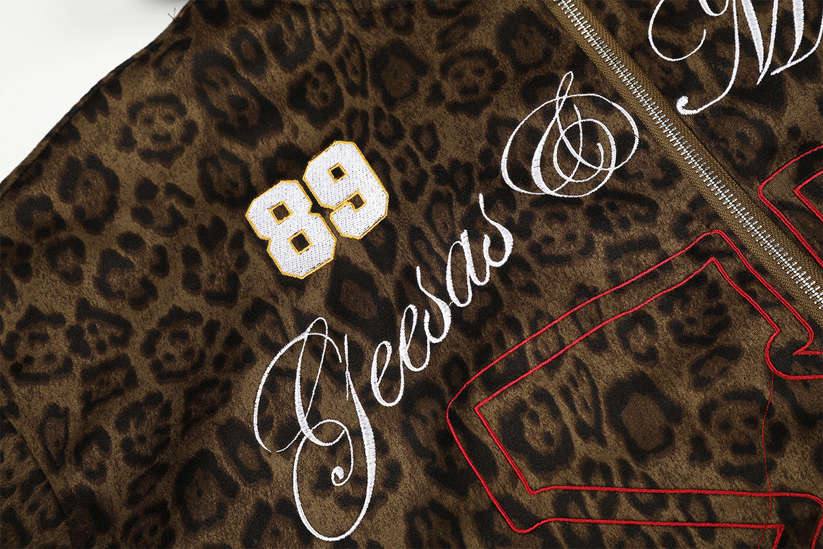 Leoparden-Hoodie mit Reißverschluss und Design – bestickte Varsity-Streetwear-Jacke
