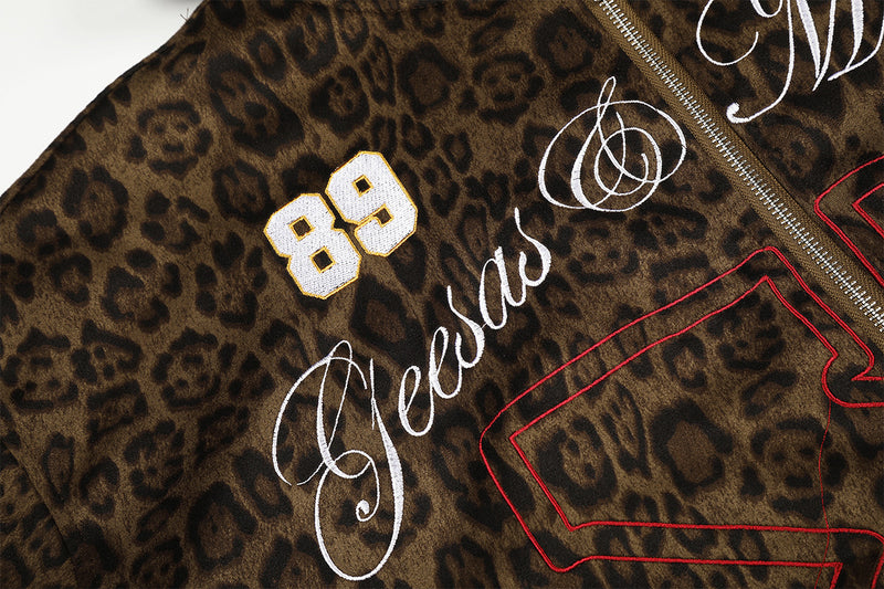 Leoparden-Hoodie mit Reißverschluss und Design – bestickte Varsity-Streetwear-Jacke