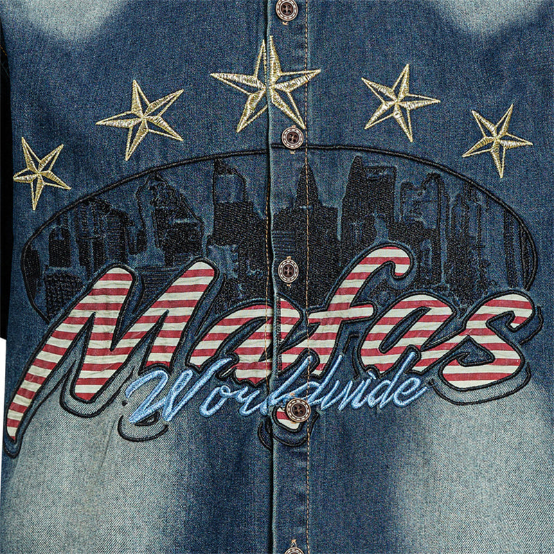 Mafas Worldwide Star Embroidered Washed Denim Shirt – Short Sleeve Oversized Fit