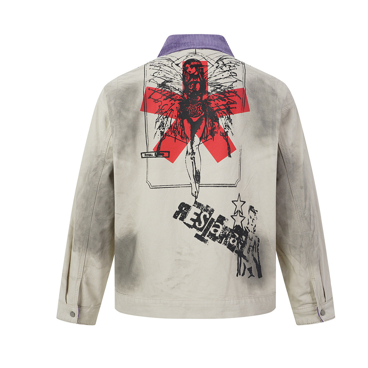 Veste zippée à imprimé graphique avec col en velours côtelé – Streetwear vintage délavé