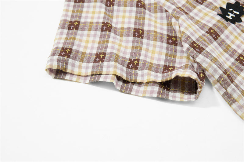 Cartoon Cat & Dog Patch Embroidery Plaid Short Sleeve Shirt