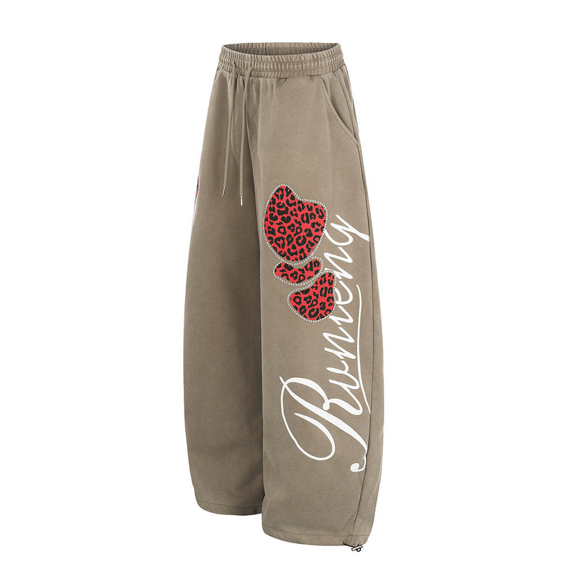 Wide-Leg Sweatpants with Leopard Print Rhinestone Hearts & Varsity Graphic