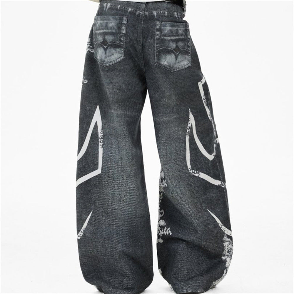 Loose Jeans for Men – Graffiti 3D Print Wide-Leg Dark Wash Denim