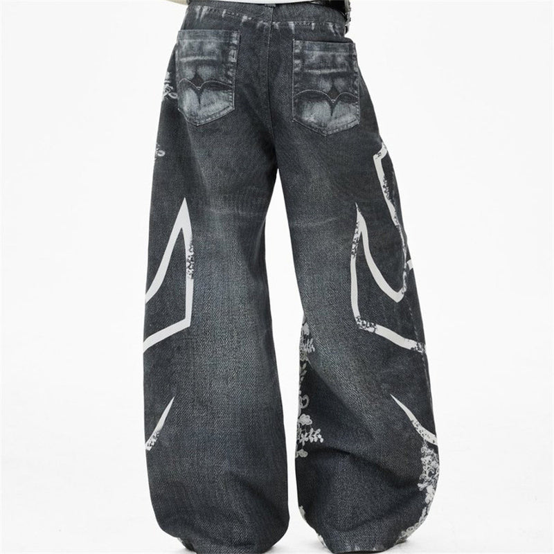 Loose Jeans for Men – Graffiti 3D Print Wide-Leg Dark Wash Denim