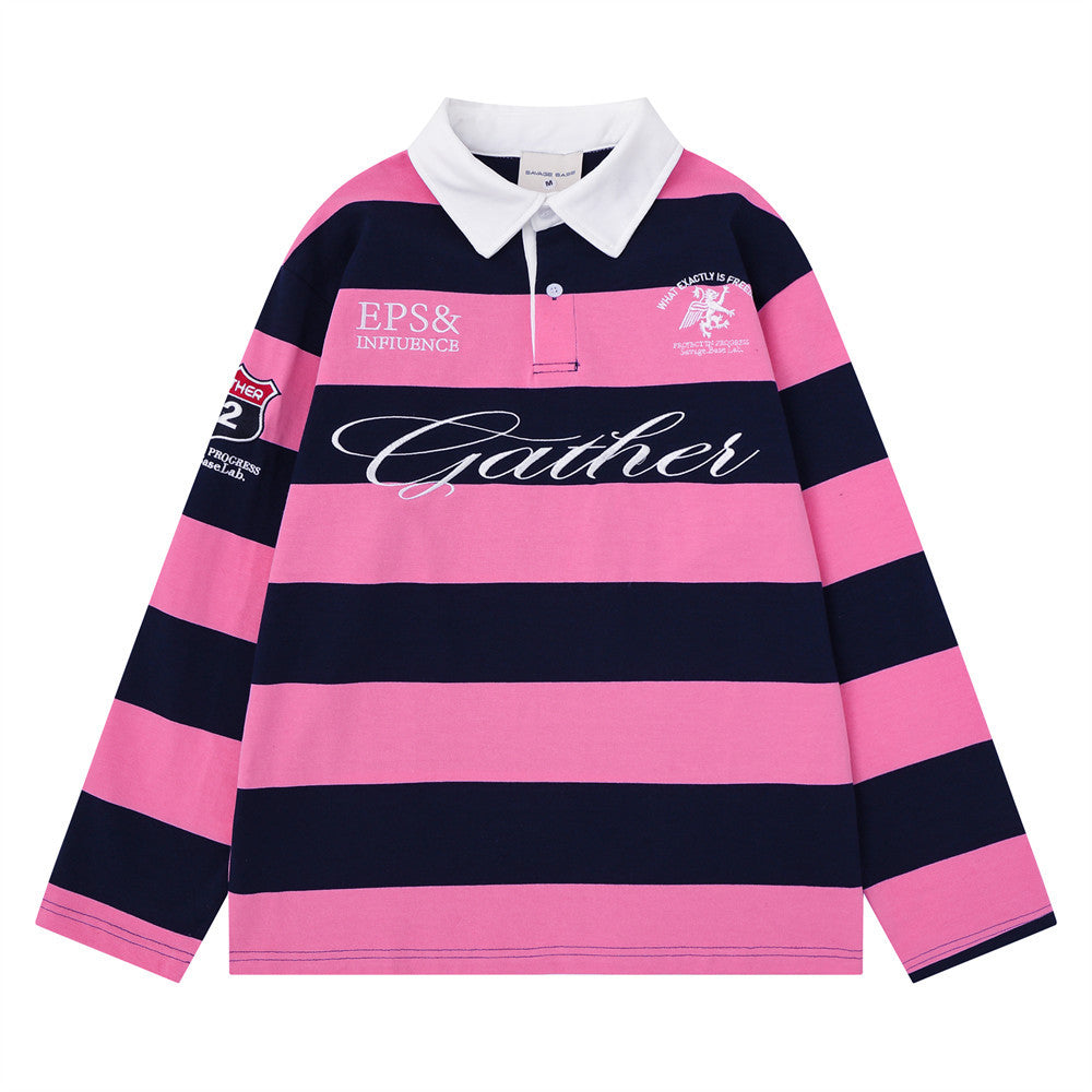 Oversized long-sleeve striped rugby polo shirt with white collar and Gather embroidery in pink and navy colorway