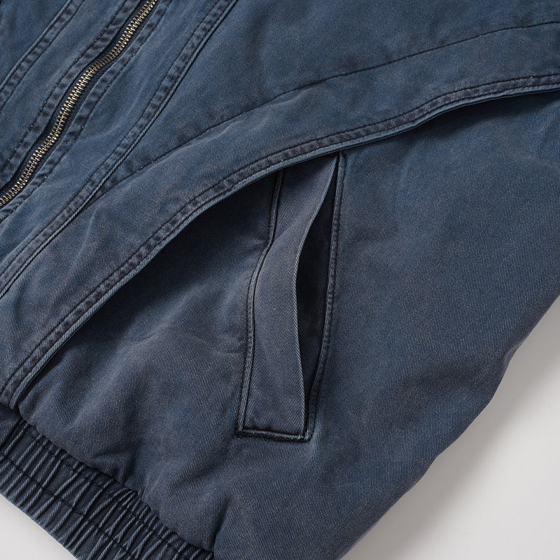 Blouson bomber en jean délavé – Col tissé en PU et coutures déconstruites
