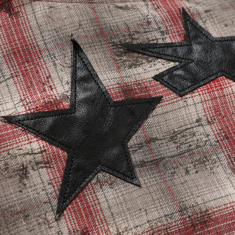 Distressed Plaid Long-Sleeve Shirt with Black Star Patches – Vintage Punk Style