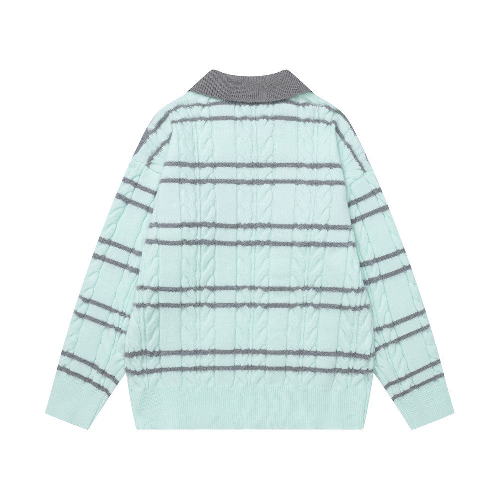 Gestreifter Zopfstrickpullover mit Polokragen – Cartoon-Hunde-Jacquard