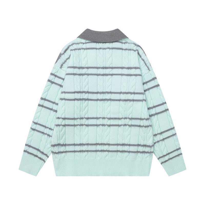 Gestreifter Zopfstrickpullover mit Polokragen – Cartoon-Hunde-Jacquard