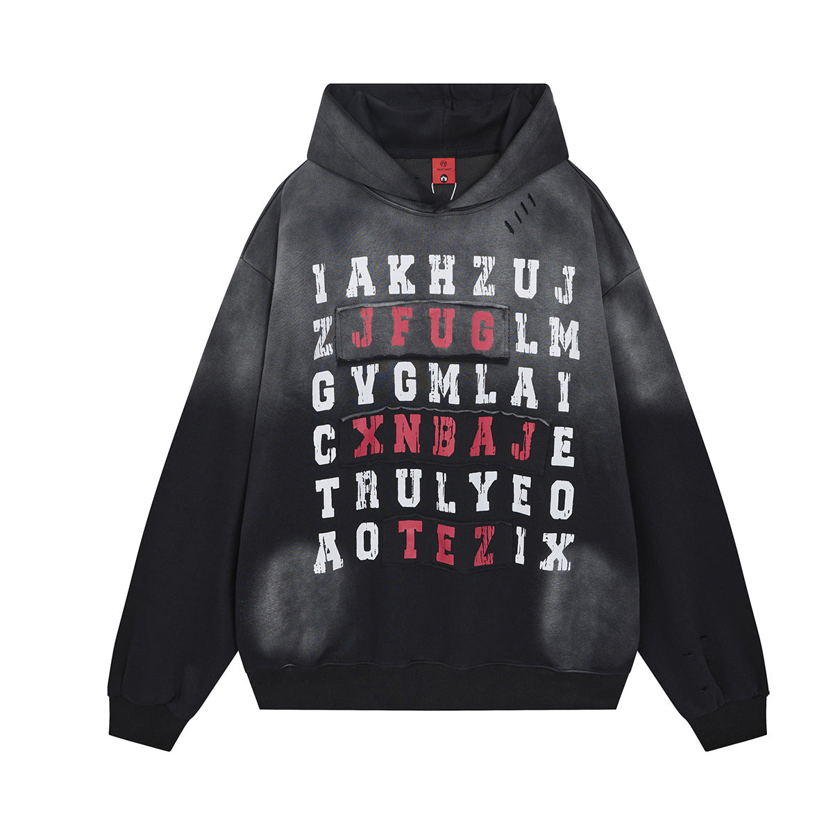 Oversized acid-washed hoodie with distressed letter-grid graphic print in black-fade colorway, front view
