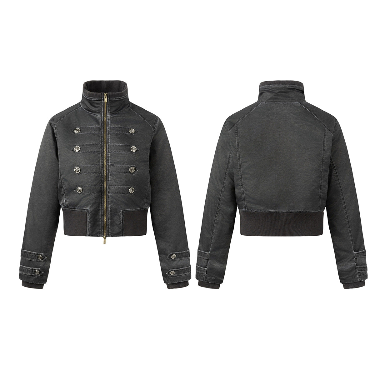 Military-Style Padded Bomber Jacket – Stand Collar, Double-Breasted Buttons