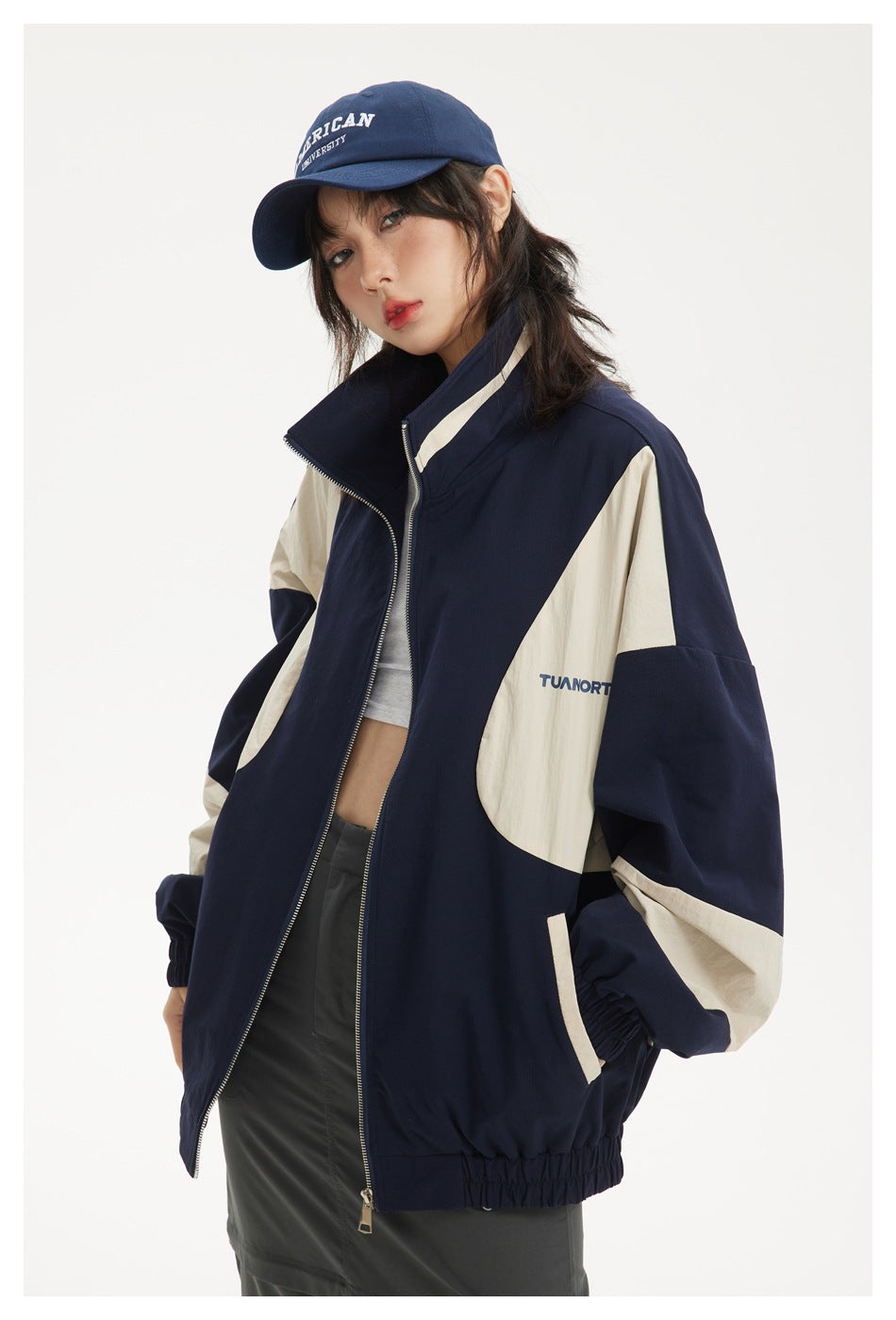Colorblock Zip-Up Track Jacket — Oversized Retro Varsity Style