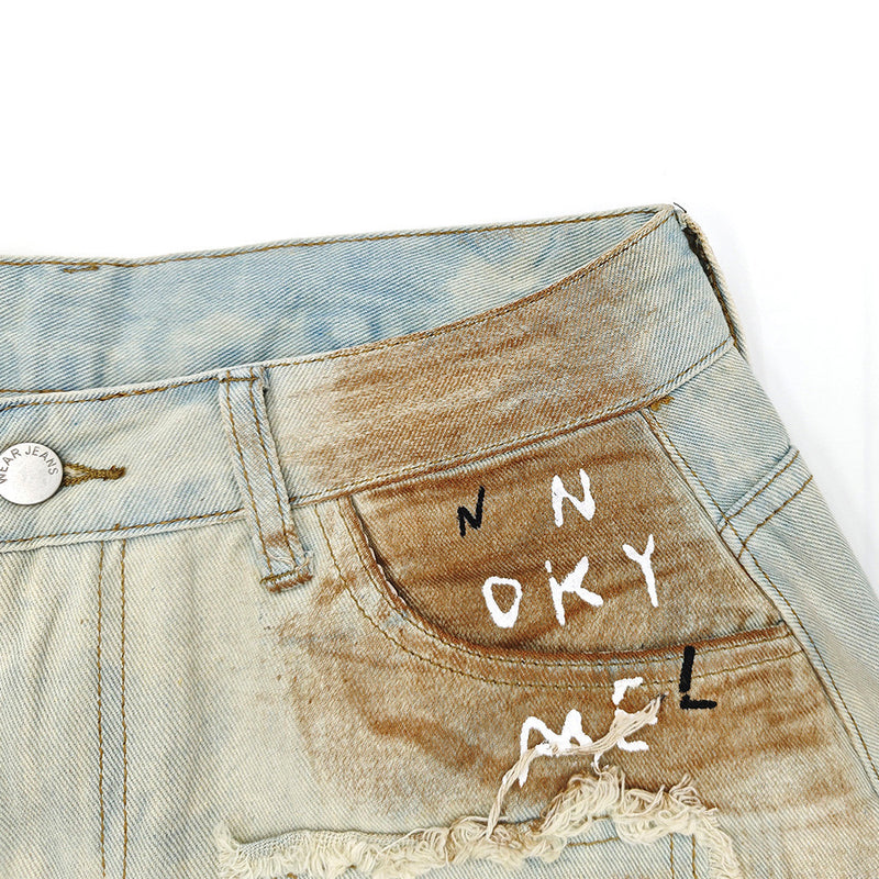 Distressed Graffiti Wide-Leg Jeans – Vintage Washed Ripped Baggy Denim