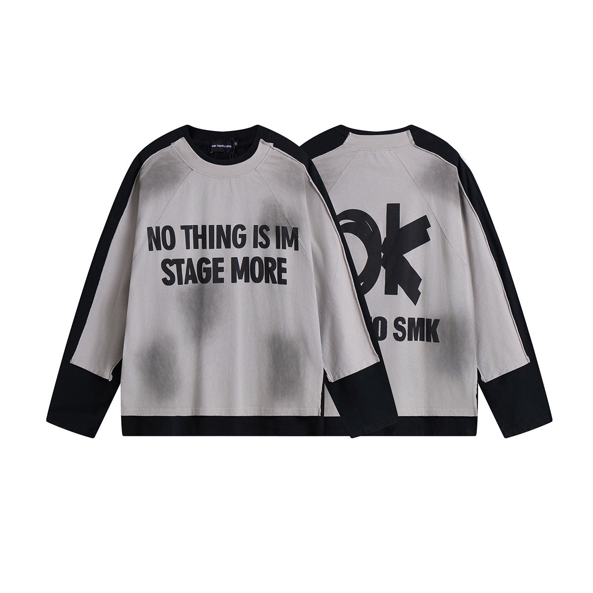 T-shirt graphique color-block à manches longues – Haut streetwear oversize bicolore délavé