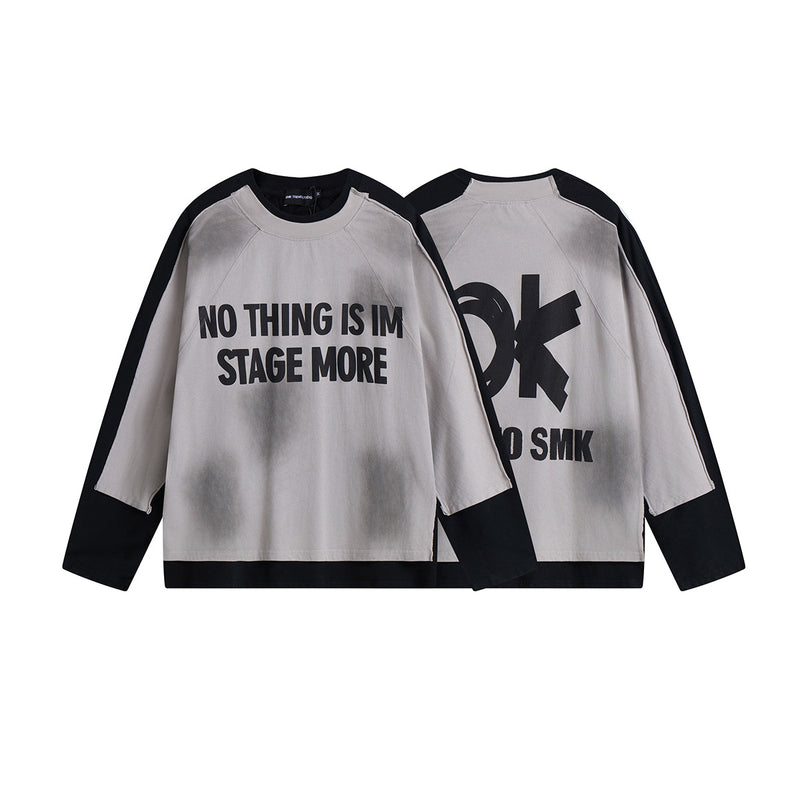 T-shirt graphique color-block à manches longues – Haut streetwear oversize bicolore délavé