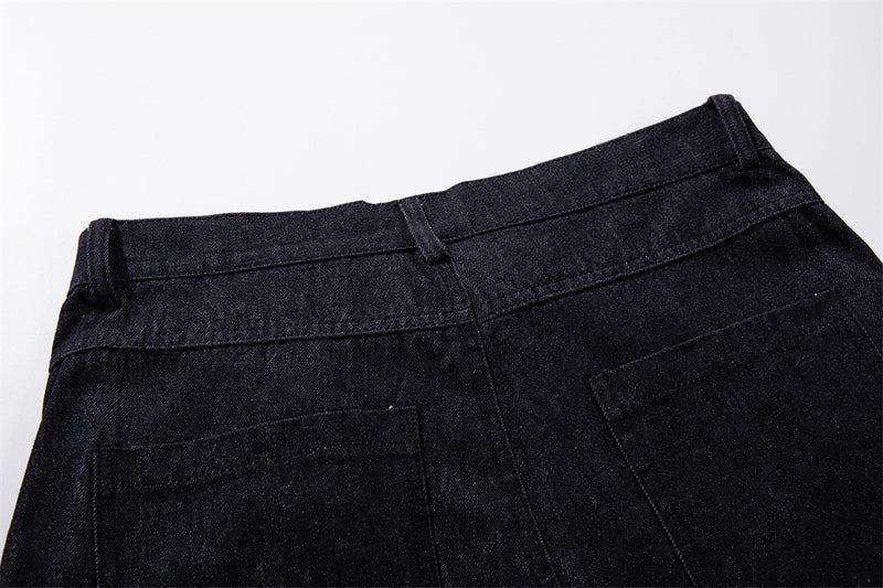 Wide-Leg Jeans – Gothic Cross & Sword Print Black Denim, Baggy High-Street Fit