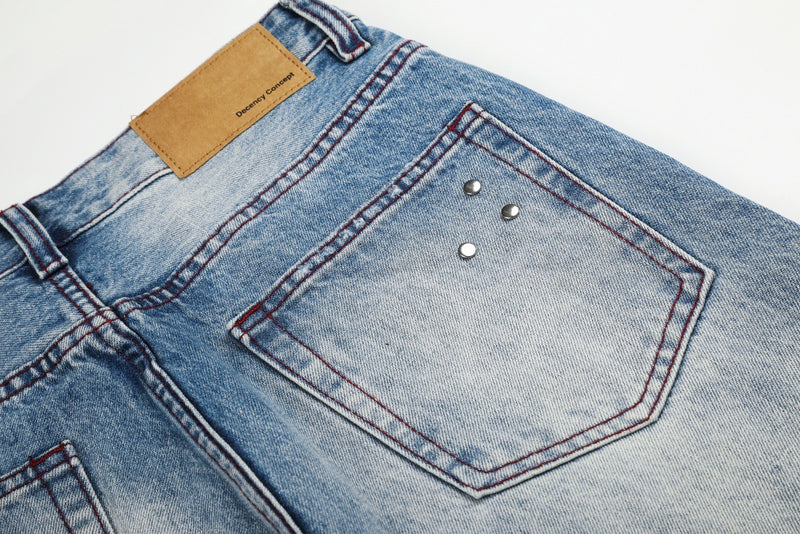 Gradient Washed Distressed Wide-Leg Jeans with Rhinestone Studs