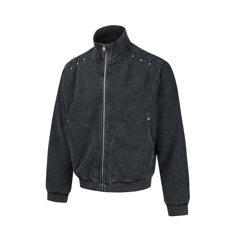 Blouson bomber en maille gaufrée délavée à l’acide avec rivets métalliques