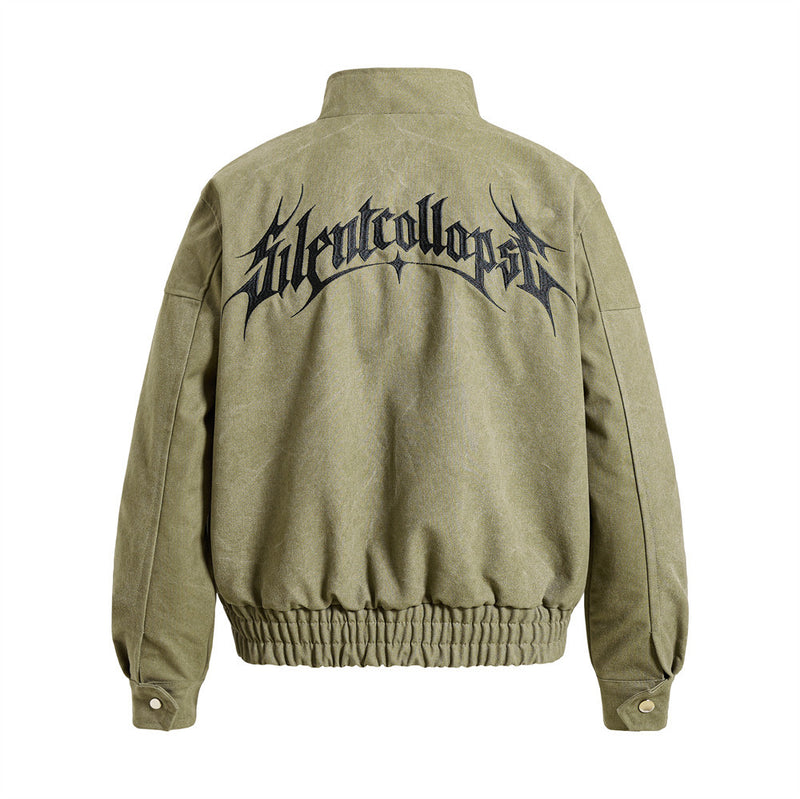 Gothic Letter Embroidered Cargo Bomber Jacket – Stand Collar, Multi-Pocket